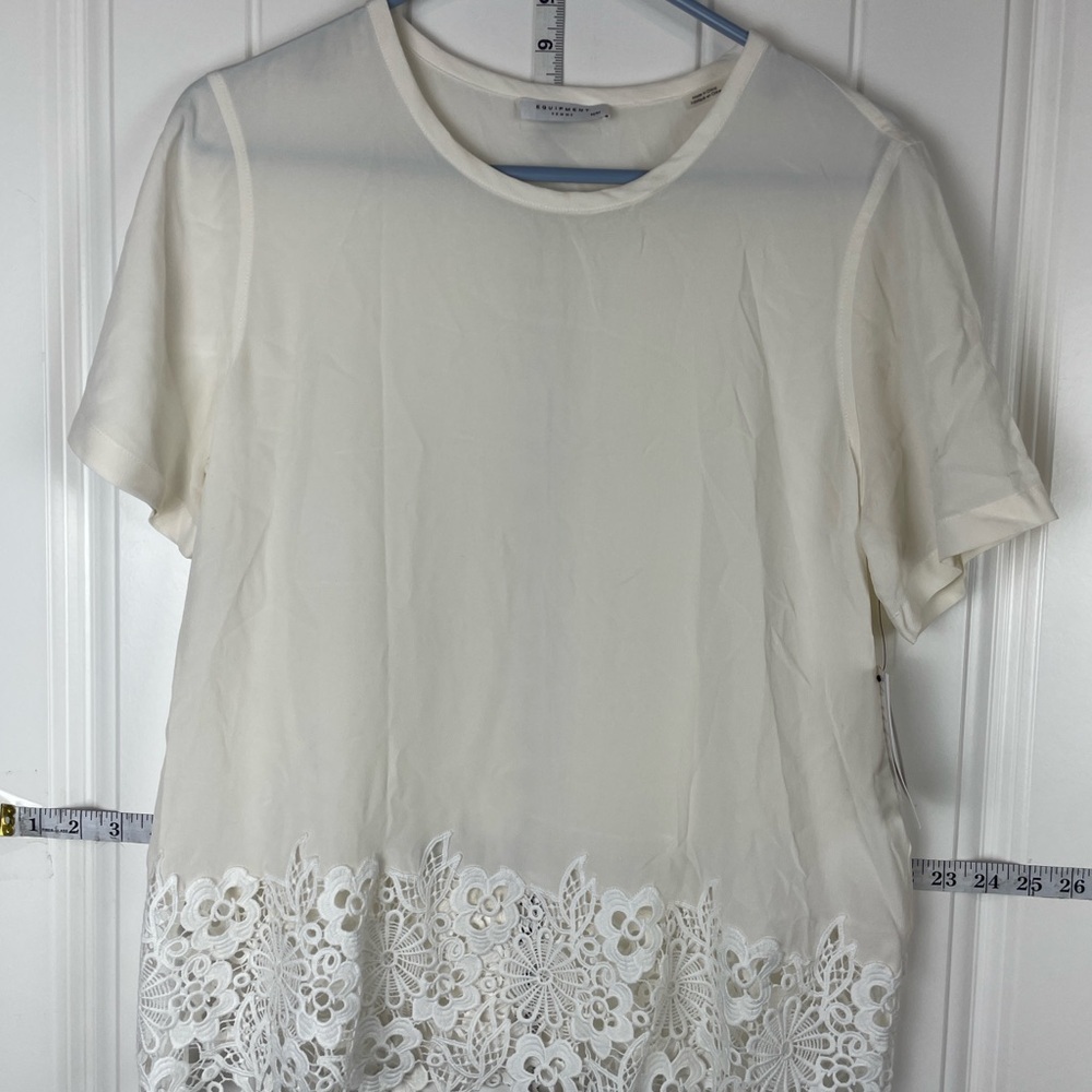 Equipment Femme Women's Sz M 100% Silk White Lace Trim Short Sleeve Blouse Top